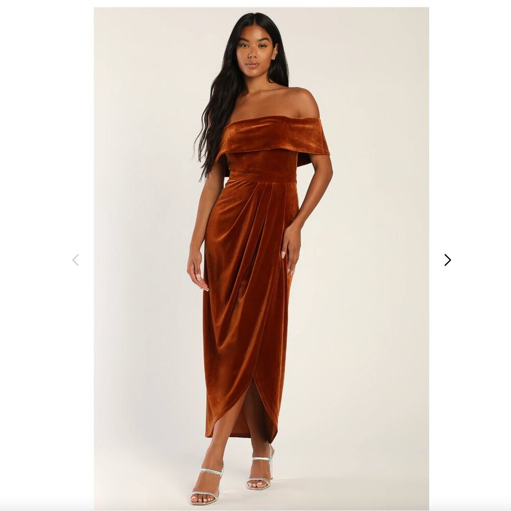 NWT Lulus I'm Enchanted Rust Orange Velvet Off-the-Shoulder Maxi Dress